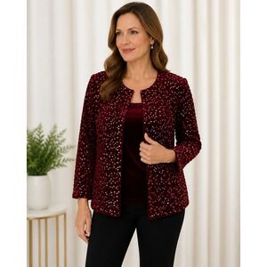 JS Boutique Burgundy Velvet Sequin Jacket & Top Set SP Petite Elegant Evening